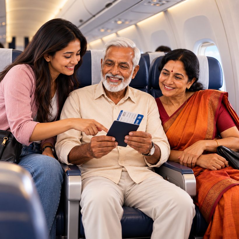 A family helping their parents on a flight